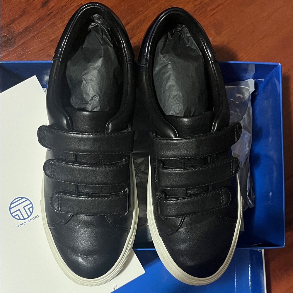 Tory Sport Black Leather Velcro Strap Sneakers